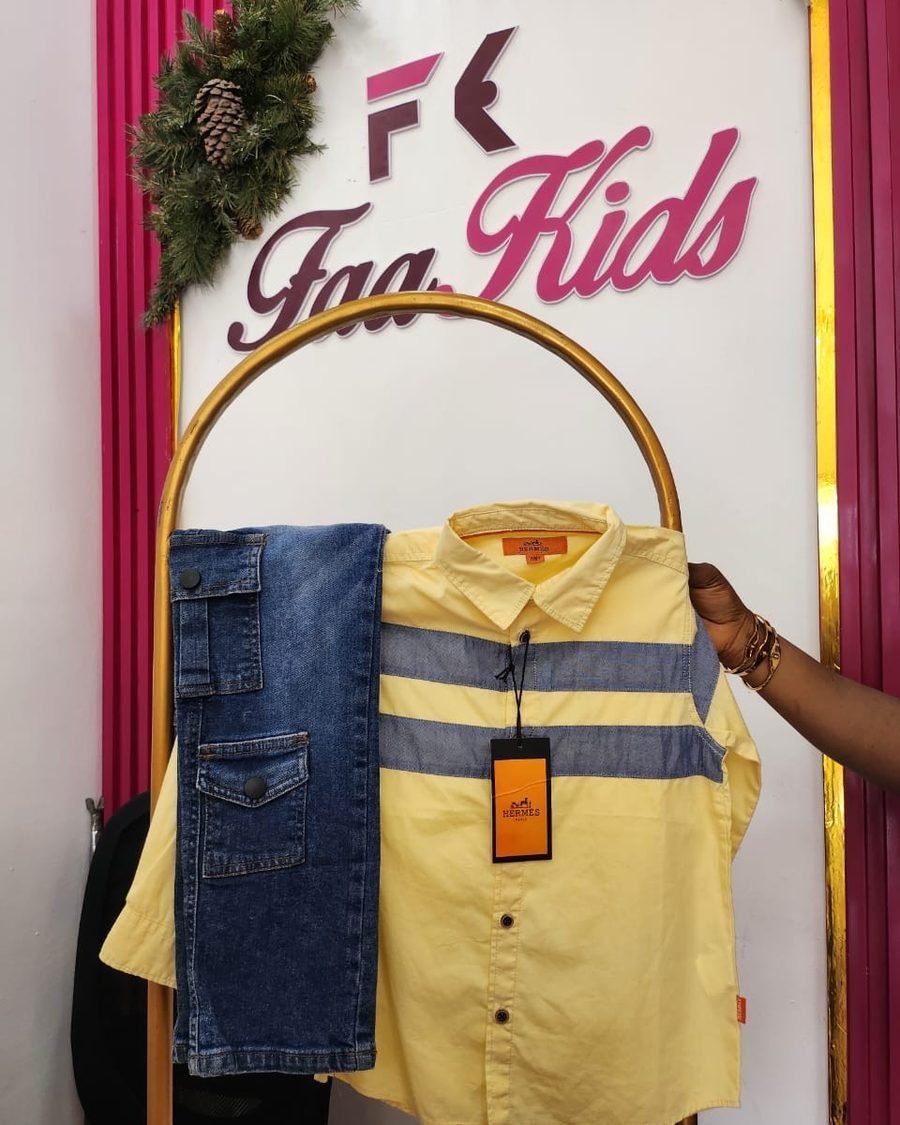 Boys' Striped Shirt & Denim Shorts Set — Yellow & Blue
