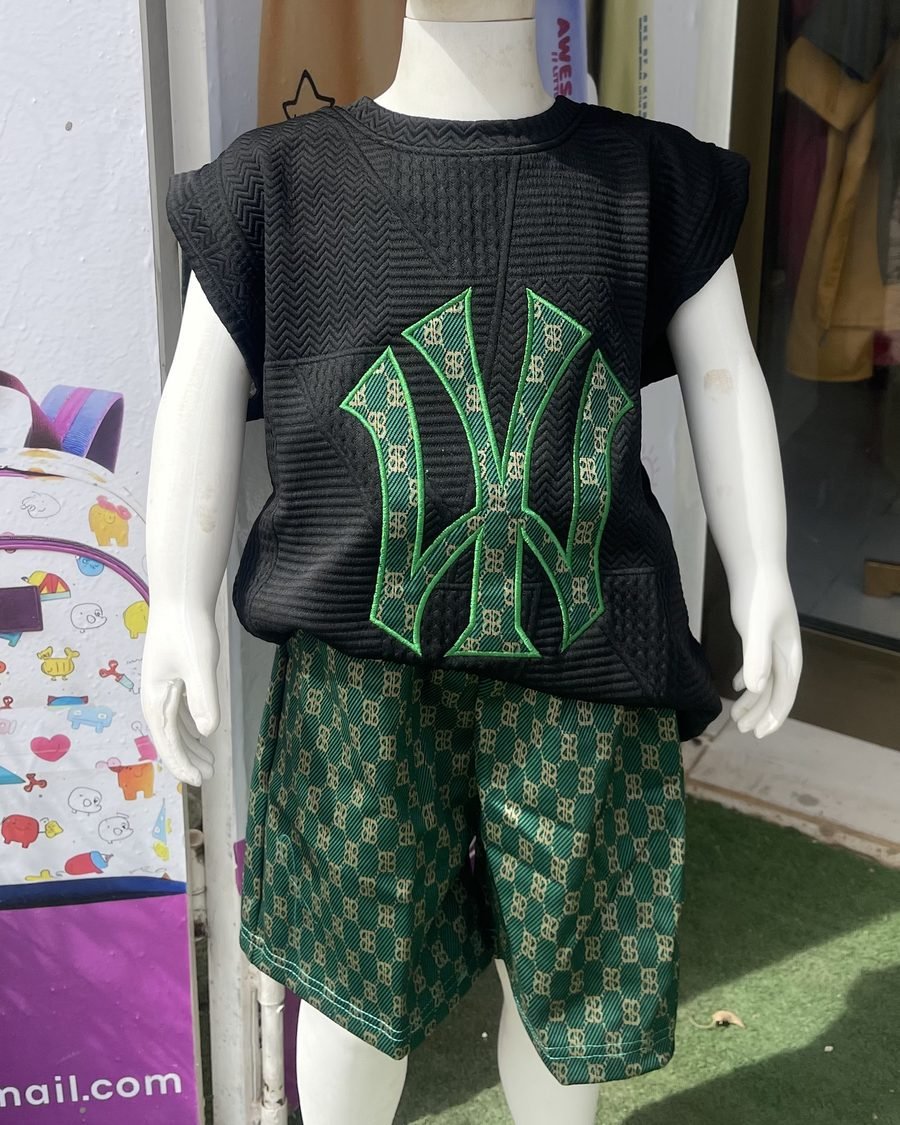 Boys' Textured Vest & Monogram Shorts — Black & Green