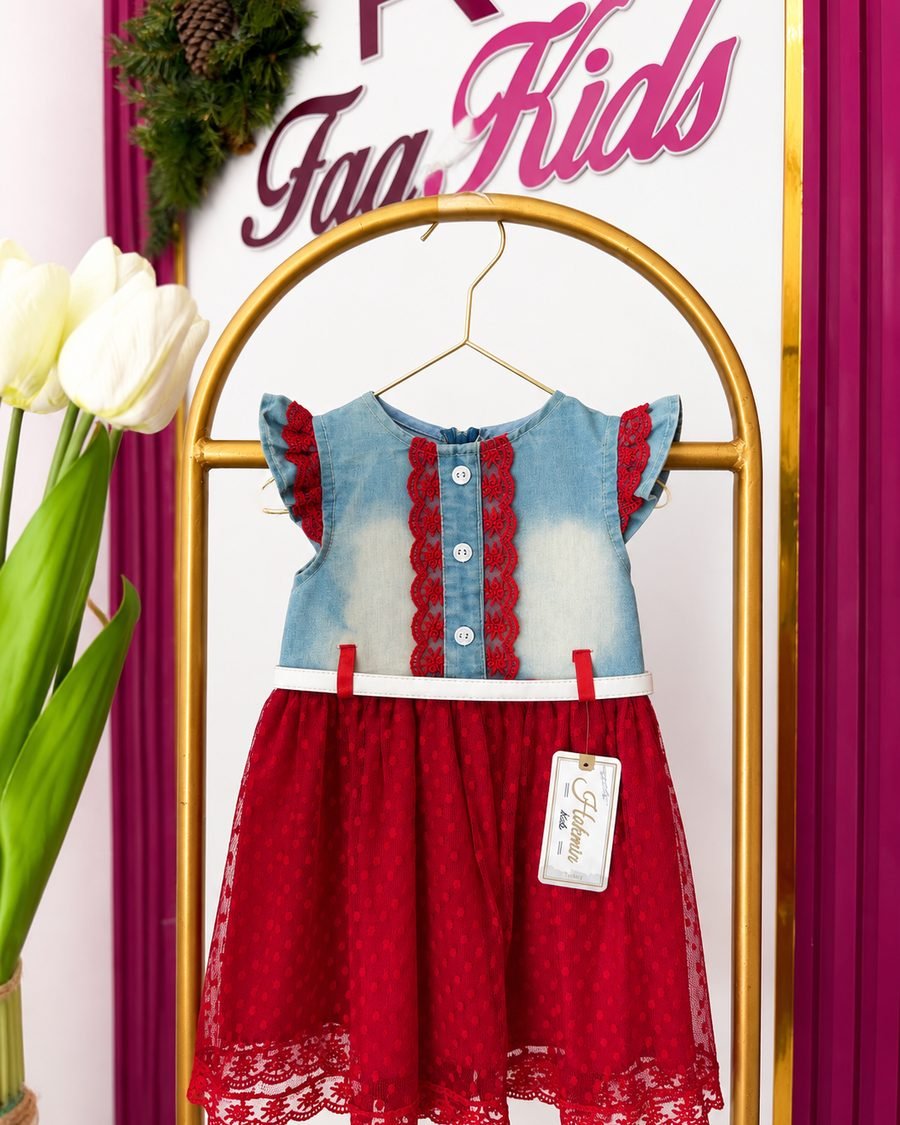 Girls' Denim & Tulle Dress — Red