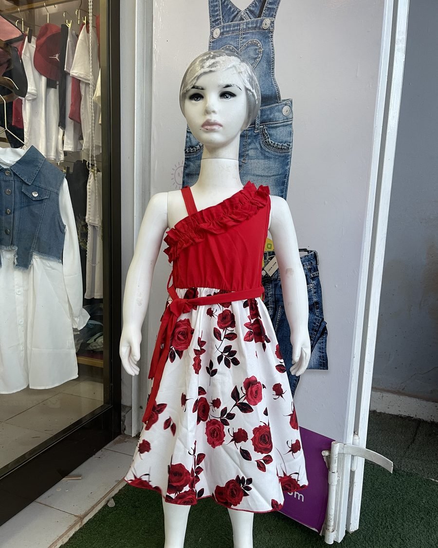 Girls' Floral One-Shoulder Dress — White & Red