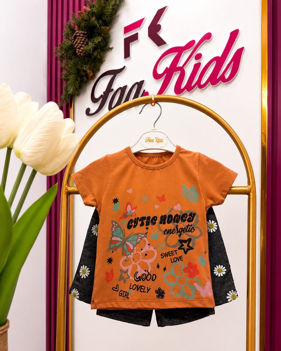 Girls' Graphic Top & Flared Trousers — Orange