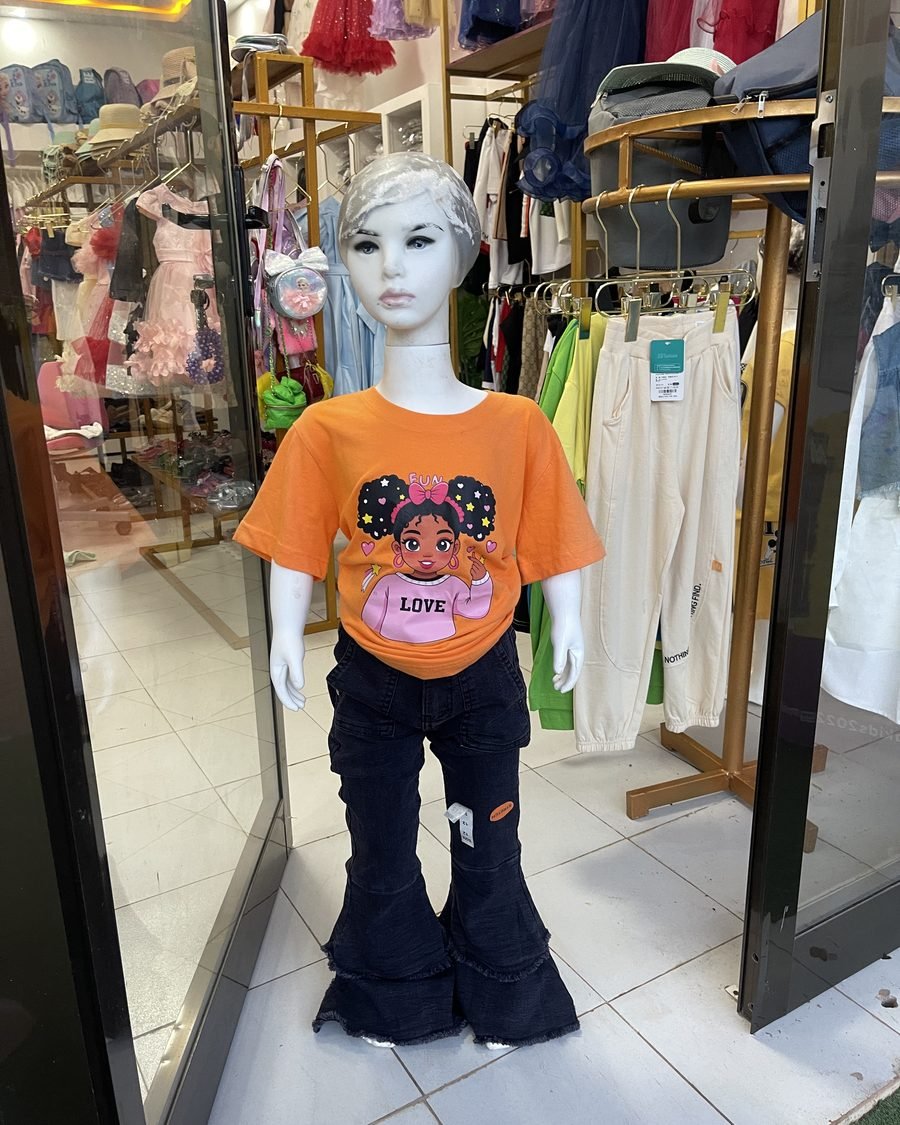 Girls' Graphic Top & Flared Trousers — Orange & Black